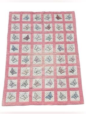 VTG Handmade Butterfly Pink Quilt Collectible Retro 80x60.5” Shabby Chic Cottage